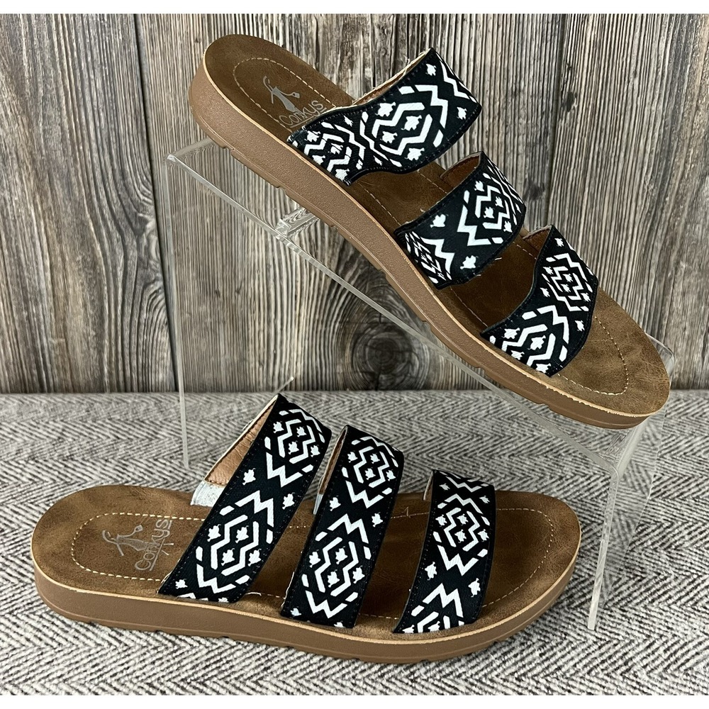 Corkys DAFNE Sandals Women's Size 6 Black/White Aztec Print, Open Back & Toe